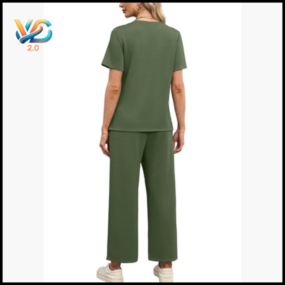 Two Piece Set Wide Leg Pants Short Sleeve Lounge Travel Outfit S-3XL - Picture 5 of 7